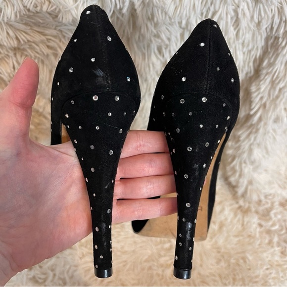 TARA SUBKOFF BEBE Swarovski Crystal Bow Platform Peep opentoe heel black suede 8 - Picture 10 of 12